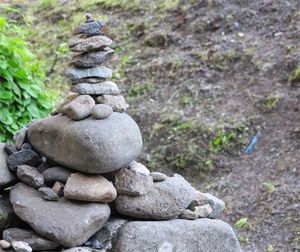 Close-up of stone stack on rock