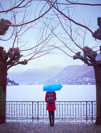Rear view of woman with umbrella looking at lake