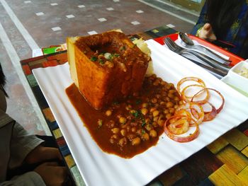 Close-up of food served on table