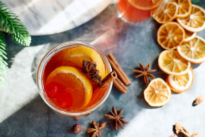 Christmas mulled wine with aromatic spices and citrus fruits.