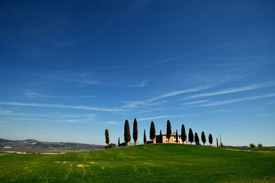 Panoramic view of tourists on field against blue sky