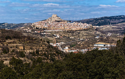 High angle view of town against sky