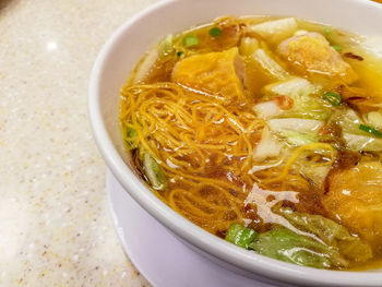 High angle view of soup in bowl
