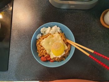 High angle view of breakfast served on table