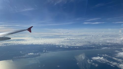 Aerial view of airplane flying in sky