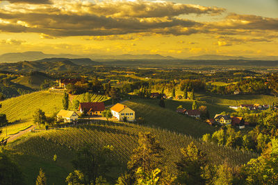 Sunset over south styria vineyard landscape in steiermark, austria. beautiful tranquil destination
