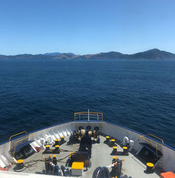 High angle view of people on sea against blue sky