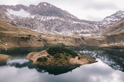 Scenic view of lake and mountains against sky