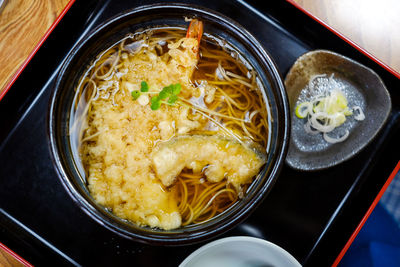 High angle view of meal served on table