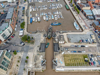 High angle view of crowd on city buildings