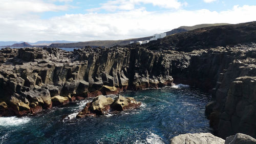 Panoramic view of sea and rocks against sky