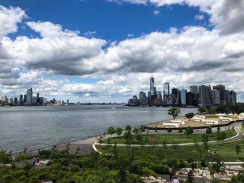 View of buildings by river against cloudy sky