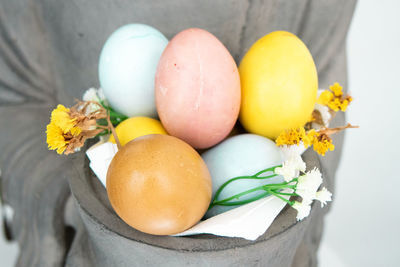 Close-up of multi colored eggs on plant