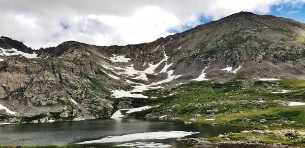Scenic view of mountains and lake against sky