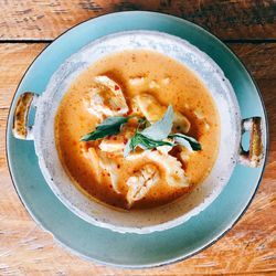 High angle view of soup in bowl on table