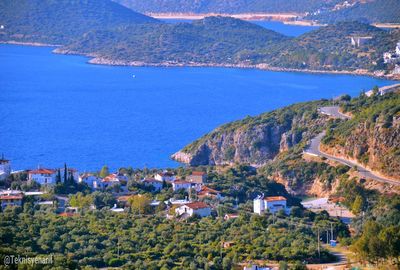 High angle view of town by sea