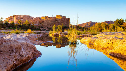 Scenic view of lake against clear blue sky