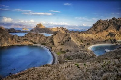 Scenic view of lake and rocks against sky