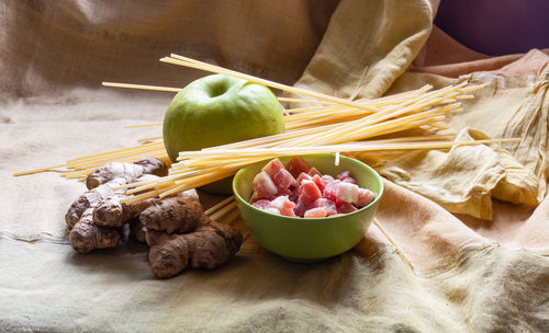 High angle view of fruits in bowl on table