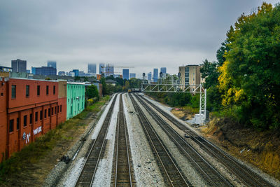 Railroad tracks amidst buildings in city against sky