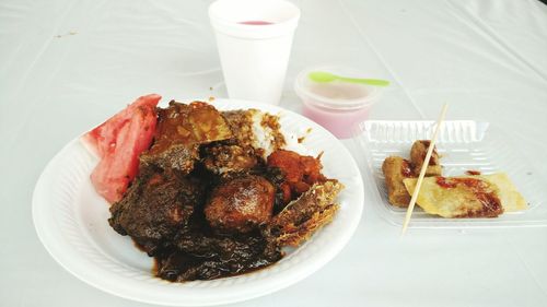 High angle view of food in plate on table