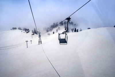 Overhead cable car on snowcapped mountain