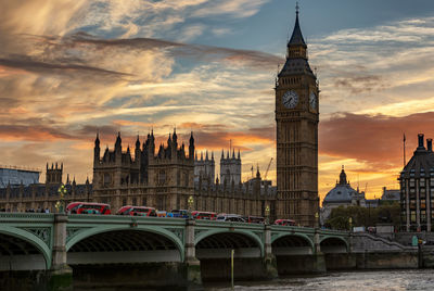 Westminster bridge over river against sky during sunset