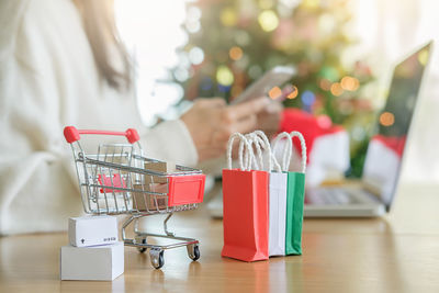 Close-up of christmas decorations on store