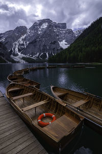 Scenic view of lake by snowcapped mountains against sky