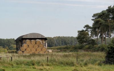 Built structure on field against sky