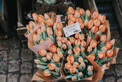 High angle view of tulips in market