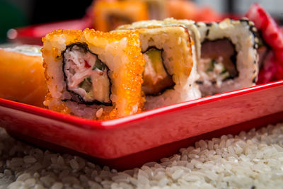 Close-up of sushi served in plate