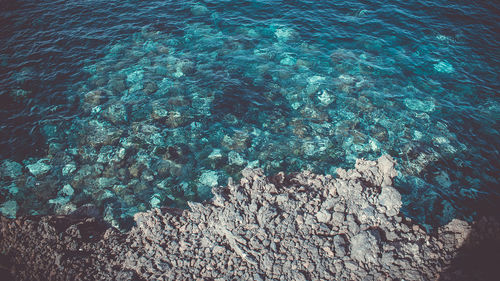 High angle view of rock in sea