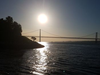 Silhouette bridge over sea against sky during sunset