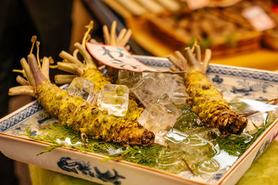 High angle view of food in plate on table