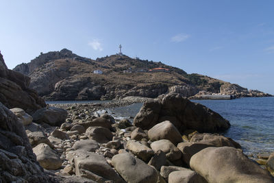 Rocks by sea against clear sky