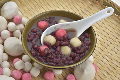 High angle view of eggs in bowl