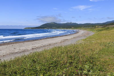 View of calm beach against blue sky