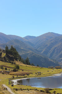 Scenic view of lake and mountains against clear sky