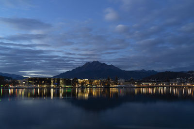 Scenic view of lake against sky at dusk