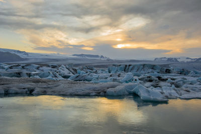 Scenic view of frozen river against sky during sunset