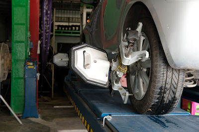 Close-up of car in garage