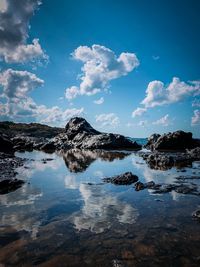 Reflection of rocks in lake against sky