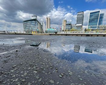 Reflection of buildings in city against sky