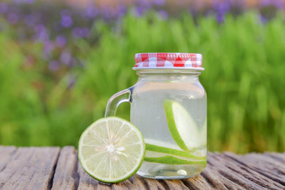 Close-up of drink served on table