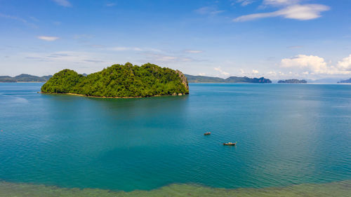 Landscape aerial view islands of the sea and boat tourists kra bi thailand