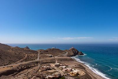 Scenic view of sea against clear blue sky