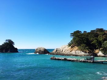 Scenic view of rocks and sea against clear blue sky