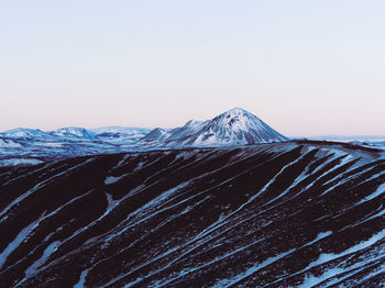 Scenic view of snowcapped mountains against clear sky