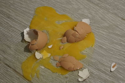 High angle view of yellow bread on table